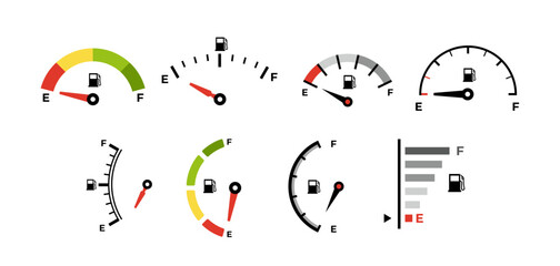 Obraz premium Set of Empty Fuel Gauge Set Collection, Car Dashboard Warning Light Icons for Low Gasoline, Petrol Level Alert, E Vector Illustration. Low Gas Warning Symbols for Dashboard or UI Design.