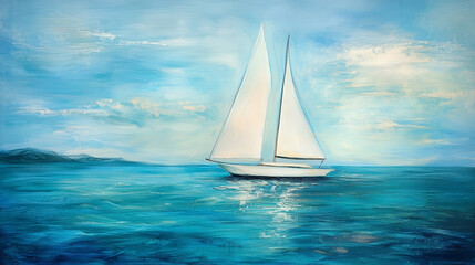 Fototapeta premium A yacht with sails unfurled moves smoothly over the bright blue-green ocean.
