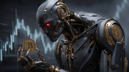 DeFi (decentralized finance), Hands of robot hold blockchain financial documents network, digital assets, cryptocurrency, and automated trading technology.