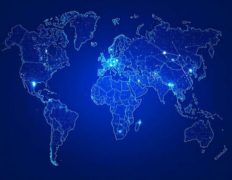 Global Network Connections Illuminated World Map, Digital Interconnectivity