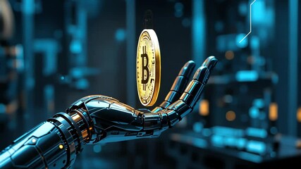 Futuristic robotic hand holding golden bitcoin coin against defocused city night lights. Concept of digital currency and advanced technology - Powered by Adobe