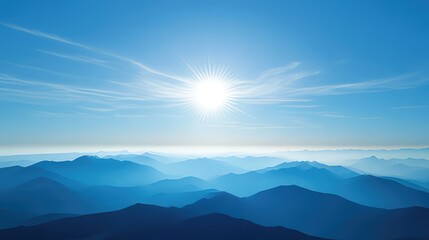 Fototapeta premium Serene Blue Mountain Landscape with Bright Sun and Clear Sky 