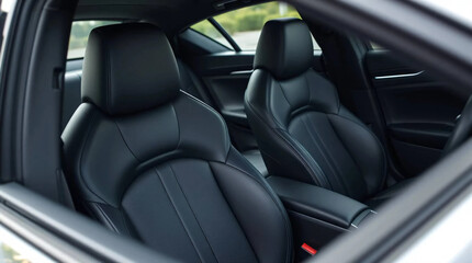 The front seats and headrests in this modern car interior are incredibly comfortable, with sleek black leather upholstery and an elegant design perfect for a luxurious ride