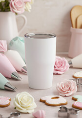 White tumbler surrounded by pastel-colored baking items
