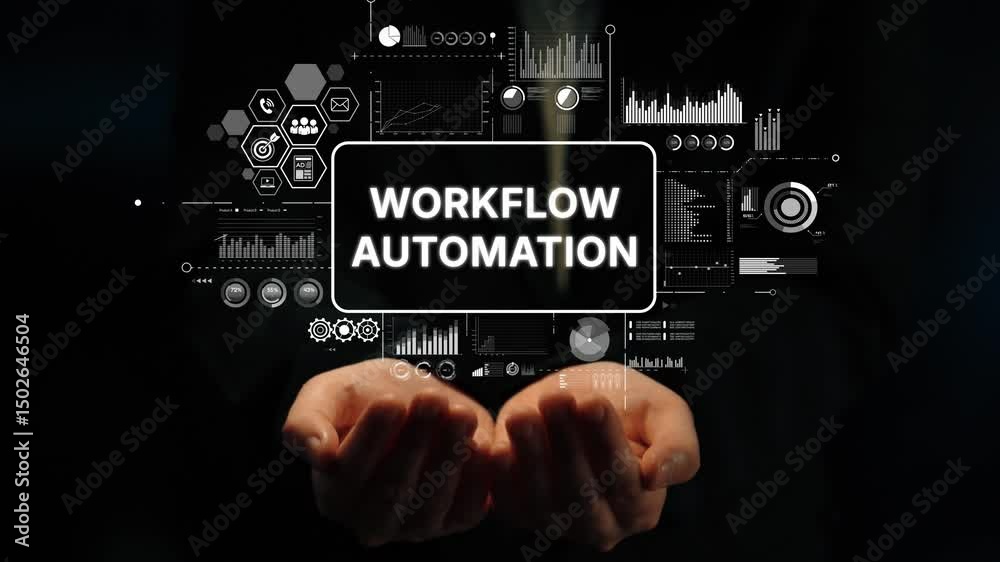 Poster hands holding digital interface symbolizing workflow automation with technology elements and data gr