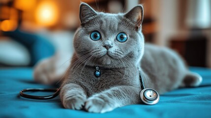 Grey Cat with Blue Eyes and Stethoscope