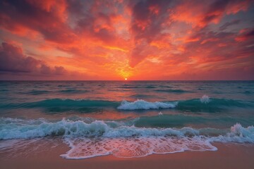 sunset over the ocean with waves crashing on the beach