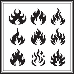 Flame Icon Set – Bold Fire Symbol Collection in Black Silhouette, Abstract Heat Graphics for Design Projects