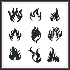 Flame Icon Collection – Abstract Fire Symbol Set in Black Silhouette Style for Heat, Energy, and Danger Themes
