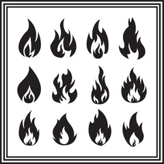 Black Flame Silhouette Icons – Set of 12 Fire Symbols for Heat, Danger, and Energy Graphic Designs
