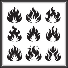 Fire Flame Silhouette Collection – Decorative Fire Icons with Stylized Curves and Drops, Black Vector Set for Graphic Use