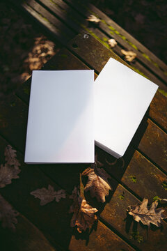 Self help books resting on a wooden table in the forest