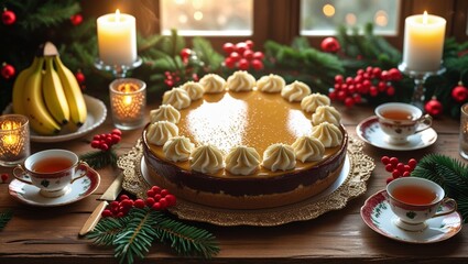 A festive table setting with a whole banoffee pie surrounded by cups of tea, fresh bananas, and holiday d&eacute;cor, warmly lit with natural morning light.