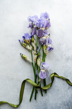 Top view of elegant iris flowers with a ribbon on a textured background