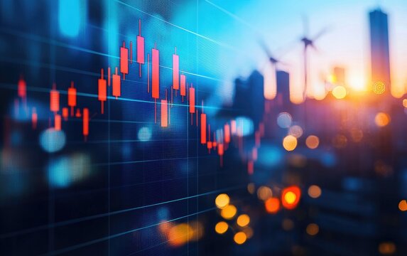 Stock market graph overlayed on a blurred city skyline at sunset