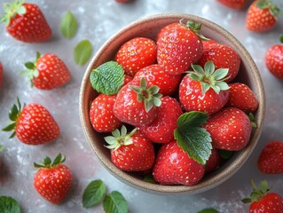 Fresh strawberries in a bowl surrounded by scattered berries and mint leaves