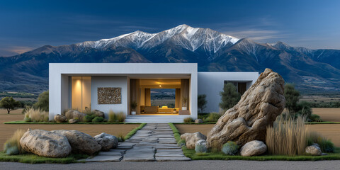 Modern Home in the Mountains: A stunning modern house nestles amidst majestic mountains, blending architectural design with natural elements, evoking a sense of serenity and contemporary living.
