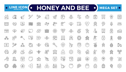Honey and Bee icon for bees, dipper stick with organic liquid honey for breakfast dessert thin black outline symbols vector illustration. Honey products, apiary. Editable stroke outline icon.
