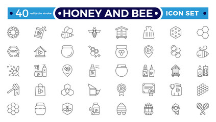 Honey and Bee icon for bees, dipper stick with organic liquid honey for breakfast dessert thin black outline symbols vector illustration. Honey products, apiary. Editable stroke outline icon.
