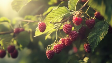 Delicious Raspberries on a Branch in the Sunny Garden Today