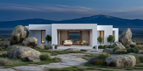 Modern Home in Scenic Landscape: A sleek, minimalist house stands in harmony with a rocky desert landscape, offering a tranquil retreat against a backdrop of majestic mountains.