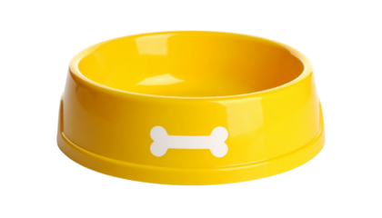 Yellow dog bowl with bone design. Perfect for pet supplies or animal-themed imagery. isolated on solid white background in Png