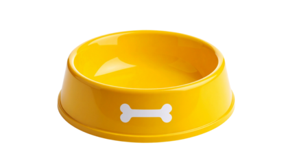 Yellow dog bowl with bone design. Perfect for pet supplies or animal-themed imagery. isolated on solid white background