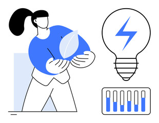 Woman holding leaf, lightbulb with energy symbol, energy bar indicator. Ideal for sustainability, eco-energy, technology, renewable resources, green initiatives, environment simple landing page