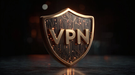 A gold shield with the letters "VPN" symbolizes cybersecurity and internet protection.