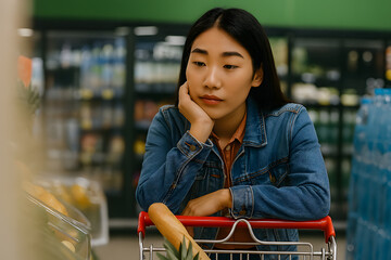 Contemplative shopper rests chin on hand while leaning on shopping cart in grocery store with a blurred aisle background and warm, muted tones used.