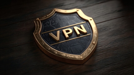 A gold-edged shield with the letters "VPN" symbolizes online security and protection on a dark wooden surface.