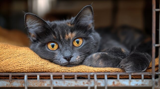 Tortoiseshell Cat Resting in Metal Cage