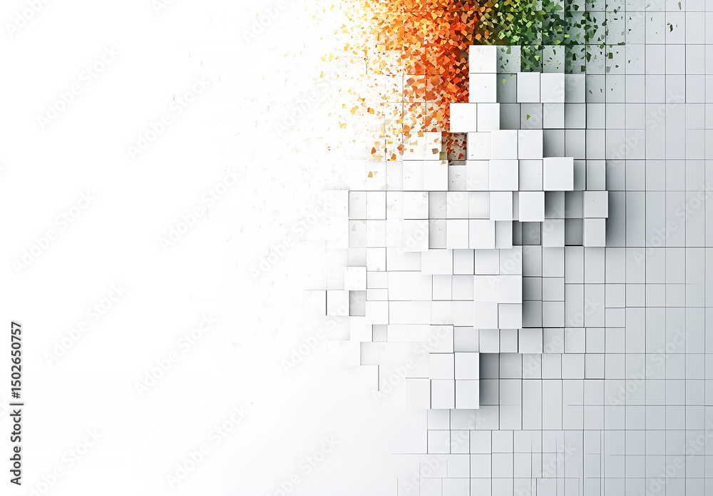 Poster abstract cubic background with ethereal dispersion of color elements featuring white 3d cube blocks 