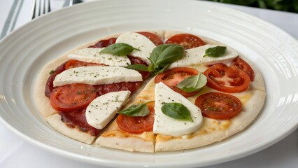 Close up of a pizza with tomatoes mozzarella and basil on white plate