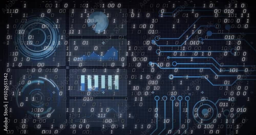 Poster binary digits drifting across grid starting gauges moving charts animating circuit-trace pulsing