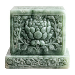 Intricate Green Stone Block with Floral Carvings on Transparent Background