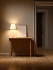 Fototapeta premium Interior hallway with wooden table, lamp, and door open