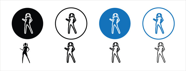 Set of colored pixel perfect Woman dancing icon  with 1 unexpanded, 1 silhouette, Dancing woman icon symbolizing celebration, performance, or joy.