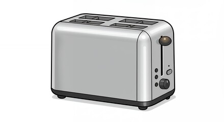Illustration of a shiny metallic toaster with four slots on a white background