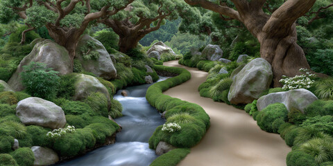 Serene Garden Path: A tranquil path meanders alongside a gentle stream, nestled amidst lush moss, rocks, and ancient trees in a serene Japanese garden.