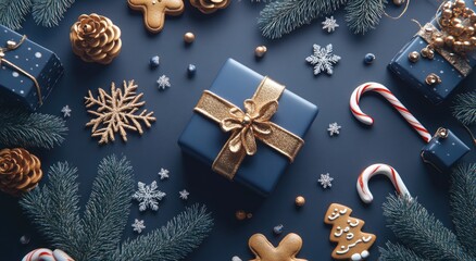 A navy blue gift box with a gold ribbon sits in the center of a festive arrangement of gold and white ornaments, candy canes, gingerbread cookies, and fir branches on a dark blue background