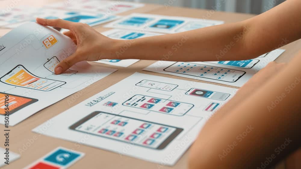 Poster startup company employee planning for user interface prototype for mobile application or website in 