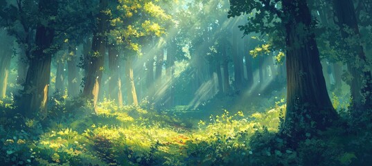 Sunbeams pierce through dense forest canopy, illuminating a verdant path