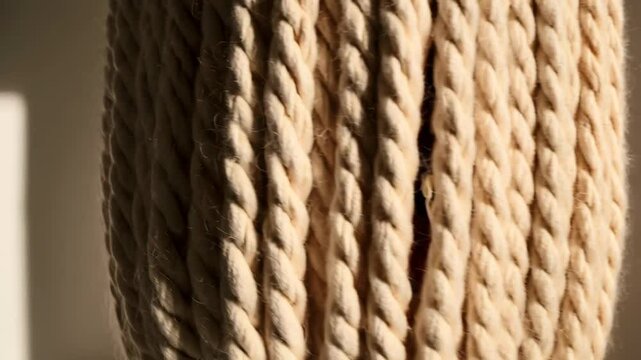 Close-up on beige chunky woven macrame cord texture, displaying intricate looping pattern in natural light against a plain neutral background.