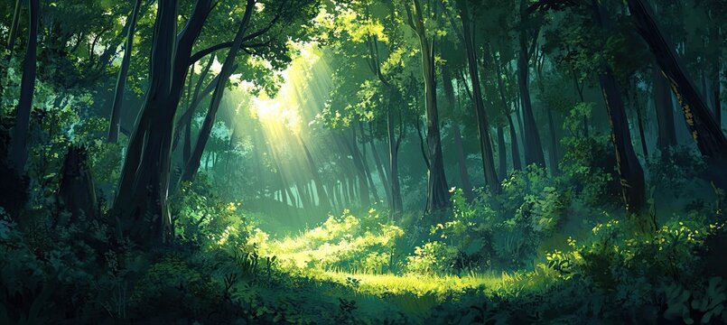 Sunlight streams through a dense forest, illuminating a path leading into the depths