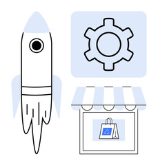 Rocket launch, gear symbol, and shopping storefront illustrate startup growth, productivity, e-commerce, retail strategy. Ideal for innovation, technology, marketing business startup efficiency
