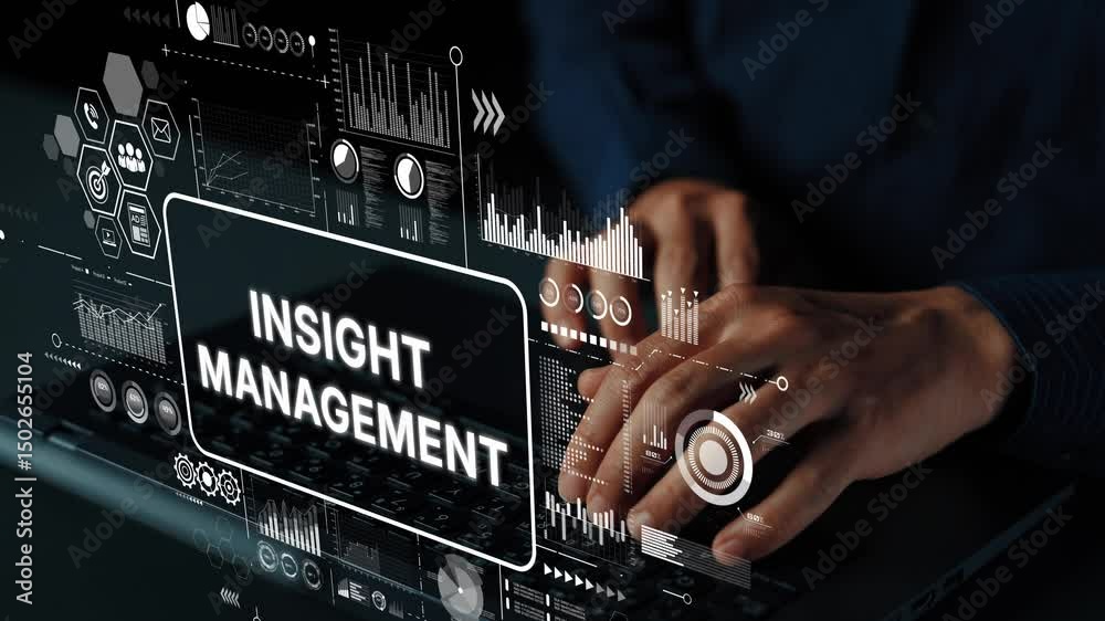 Poster hands typing on laptop with digital insight management interface and data visualization graphics. as