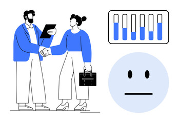 Professional handshake between two colleagues, bar chart analytics representing performance, and neutral emoticon. Ideal for teamwork, reports, progress, analysis, business relations, collaboration