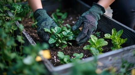 Naklejka premium Hands Planting Seedlings into Soil in Raised Garden Bed