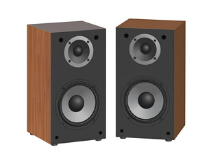 Pair of wooden stereo speakers with woofer and tweeter
